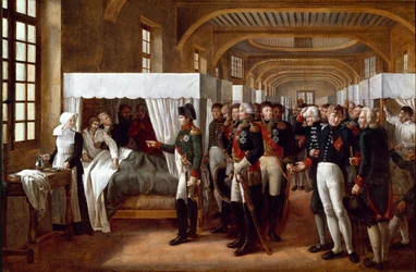 Imperatore Napoleone I (1769-1821), accompagnato da medici e generali (maresciallo Jean Mathieu Philibert Serurier, governatore degli Invalides, Louis Alexandre Berthier e Joachim Murat, Gérard Christophe Michel Duroc, gran maresciallo
