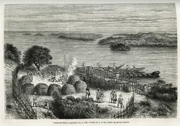 Il campo fortificato della spedizione per proteggersi dai cannibali Mouana Ntaba, vicino al fiume Leopold (Congo), disegno di A. De Bar, per illustrare il racconto Attraverso il Continente Misterioso, un viaggio fatto tra il 1874-1877, da Sir H.M. Stanley 