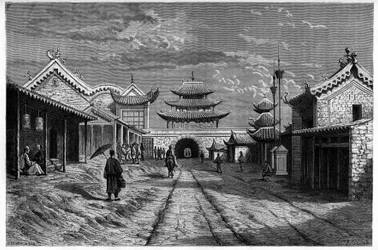 Veduta di una strada a Youn Tchen Sian, Cina. Incisione dopo un disegno di A. de Bar, in Le Tour du Monde, Nouveau journal des Voyages, edito da Edouard Charton, Parigi