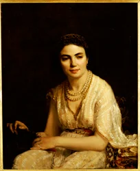 Ritratto di una donna con collana di perle e ventaglio