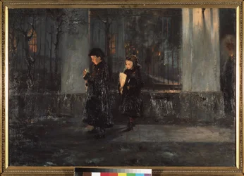 Il giovedì santo. Due bambine, con candele, la sera, si dirigono verso la chiesa per la celebrazione pasquale. Dipinto di Alexei Nikolaievich Ostrogradsky (1867-1943), olio su tela