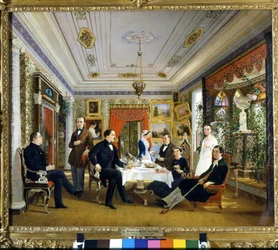 Il tavolo da tè. Dipinto di Voloskov Aleksej Jakovlevic