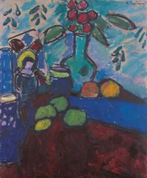 Natura morta con pittura su vetro invertito, vaso verde e frutta