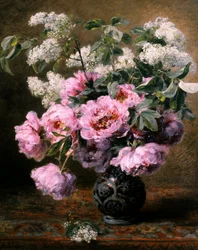 Natura morta di fiori estivi con peonie e lillà. Dipinto di Alexis Kreyder (1839-1912) Collezione privata.