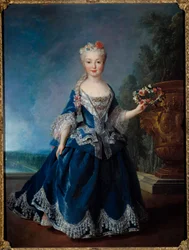 Ritratto a figura intera di Maria Anna Vittoria, Infanta di Spagna, davanti alla fontana degli Svizzeri a Versailles Dipinto di Alexis Simon Belle 1725