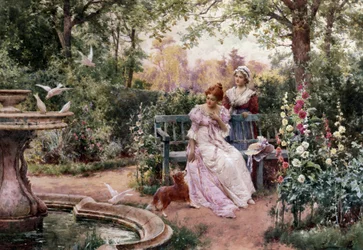 Gli animali domestici di Sua Signora. Due ragazze in un giardino fiorito con un cane accanto a una fontana con colombe. Dipinto di Alfred Augustus I Glendening (ac.1861-d.1903 British). Preraffaellismo (arte preraffaellita). Collezione privata