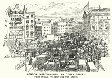 Cartone animato di Punch: Miglioramenti di Londra. Uno "Spazio Aperto" - congestione del traffico nella Londra vittoriana (incisione)