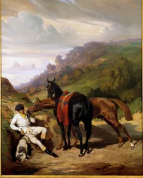 Ragazzo bianco e i suoi cavalli. Dipinto di Alfred De Dreux (1810-1860). XIX secolo. Collezione privata