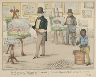 Vive la France, mercanti di quadri che si preparano per la vendita pubblica, 1840