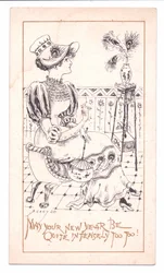 Cartolina di Capodanno vittoriana di un estetico che ammira un vaso di piume di pavone, c.1881