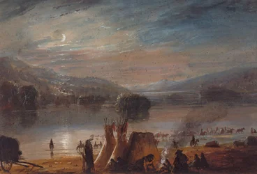 Attraversamento del fiume al chiaro di luna, accampamento, c.1858-60