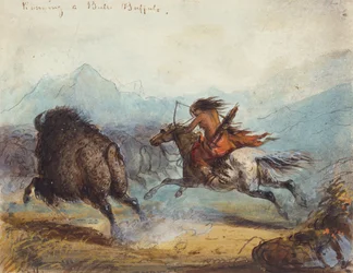 Donna indiana che caccia un bufalo, c.1858-60