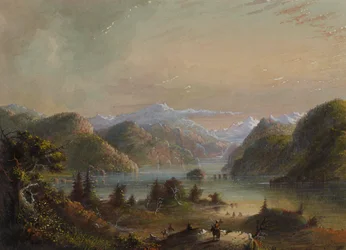 Paesaggio lacustre con il fiume e la montagna