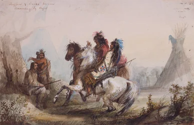 Cacciatori e indiani serpente che conversano con segni, c.1837