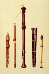 Un doppio flauto, un flauto tedesco, un flauto basso, un doppio flauto e un flauto, da 