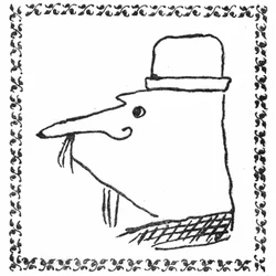 Ritratto di Monsieur Ubu di Alfred Jarry. Disegno a penna in una cornice tipografica di fili trifogliati - Edizione principe di Ubu Roi, Mercure de France, giugno 1896.