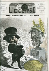 Cinque miliardi!, Eugene Rouher (1814-1884) davanti al busto di Napoleone III (1808-1873) e il prestito di cinque miliardi per la Prussia. Copertina in 