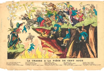 Foglio volante, Satirico a colori, circa 1878: Caccia a cento pezzi d