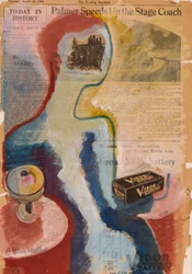 Donna seduta a un tavolo (acquerello su carta di giornale e collage)