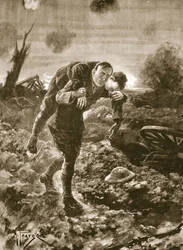 Tenente temporaneo G. St. G. S. Cather che porta un uomo ferito in piena vista del nemico e sotto il fuoco di mitragliatrici e artiglieria