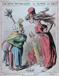 Cartone sulle due Repubbliche, "Republique Honnete (1830) e Republique rouge (1793)" di Alfred Le Petitty in "Le Grelot" 1872