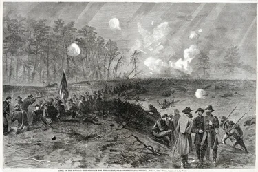 Lotta per il saliente, vicino a Spottsylvania, Virginia. 12 maggio 1864, da Harpers Weekly, pub. 1864