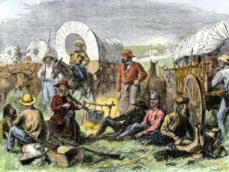 Storia dei coloni di West Conquete: Pionieri americani. Accampamento di viaggiatori presso la Tomba della Notte, vicino a Diligences, Stati Uniti. Incisione colorata del XIX secolo.