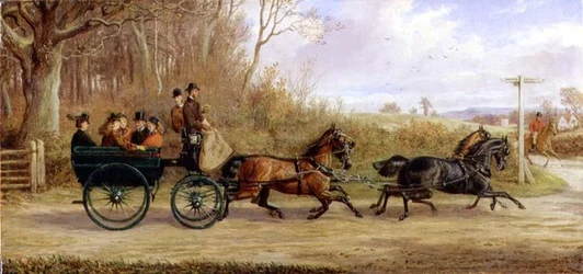 Una carrozza e quattro cavalli che vanno a un incontro