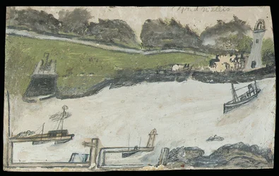 Scena del porto con castello e faro