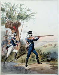 Armata napoleonica: Guardia Imperiale. Incisione di Alfred De Marbot (XIX secolo) 1809. Malmaison, Museo del Castello