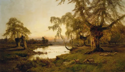Pecore che pascolano vicino a un lago al tramonto