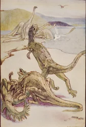 Una scena mesozoica con Deinotheria, illustrazione da 