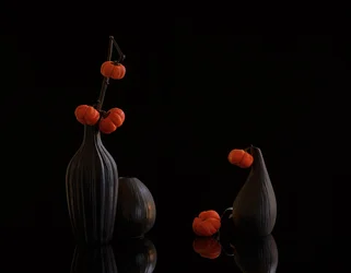 Zucche arancioni, vasi scuri