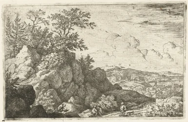 Paesaggio montano con uomo e cane