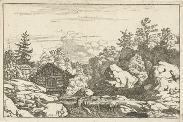 Paesaggio con capanna presso cascata