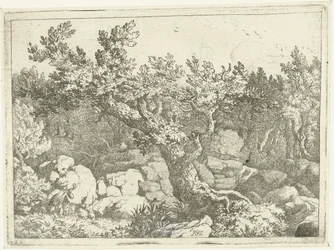 Paesaggio con cacciatore vicino a un grande albero