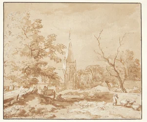 Paesaggio con alberi e una chiesa