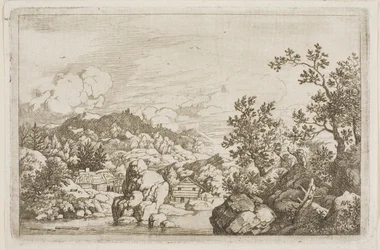 Fiume tra rocce e capanne di legno