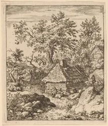 Paesaggio con macina vicino a una botte