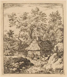 Paesaggio con macina vicino a una botte