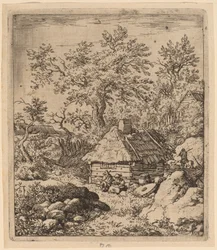 Paesaggio con macina vicino a una botte