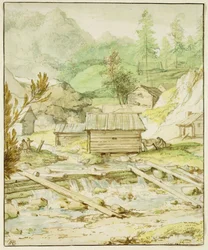 Paesaggio nordico con capanna di legno e sbarramento