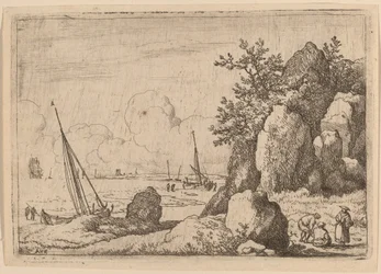 Paesaggio marino con tre figure a destra