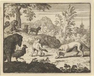 Il leone permette una lotta tra il lupo e Renard, 1650-75