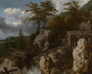 Cascata con capanne di tronchi, 1665-1670 circa (olio su tela)