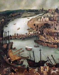 La città di Siviglia. Dettaglio del porto e attività commerciali, fine del XVI secolo