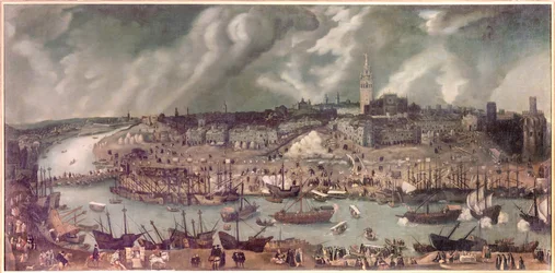 Veduta della città di Siviglia (Spagna). Dipinto attribuito ad Alonso Sánchez Coello (Sánchez Coello) (circa 1531-1588). Fine del XVI secolo