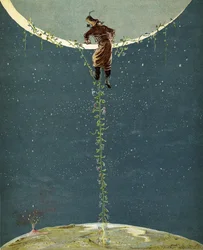 Il barone di Munchausen sale sulla luna tramite una pianta di fagioli turchi, da 