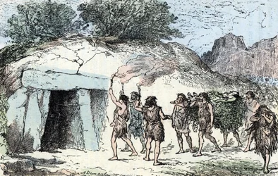 Preistoria, Neolitico: cerimonia funebre. Incisione da «Natura e uomo» di Rengade, 1881, collezione privata