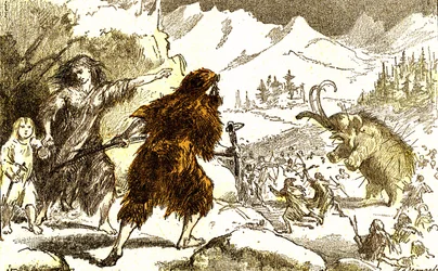 Preistoria-caccia al mammut. Periodo glaciale: Creazione naturale e esseri viventi. Disegno di A. Demarle. 1885